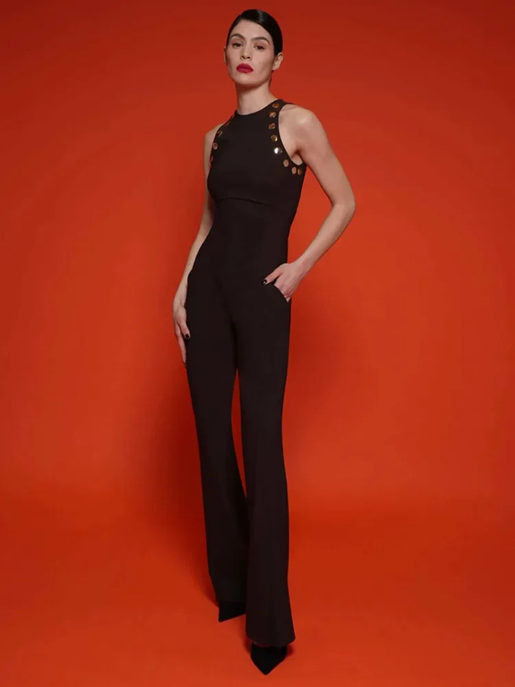 2024 New Luxury Designer Women Summer Black Sleevelss Studded Bandage Jumpsuits High Street Elastic Comfortable Daily Rompers