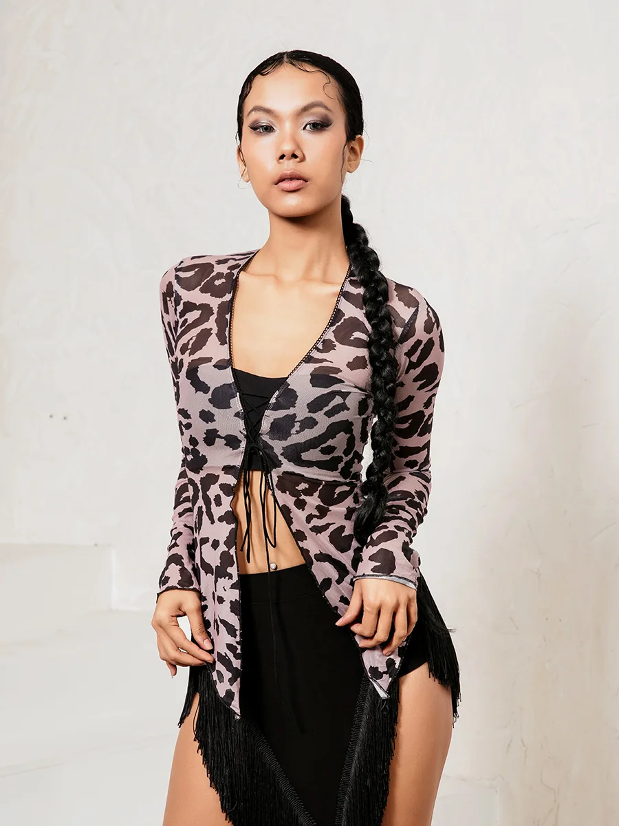 Latin Dance Costume Leopard Print Drawstring Cardigan Long Sleeved Top practice outfit Mesh Hood Shirt Chacha Dance DQL9525