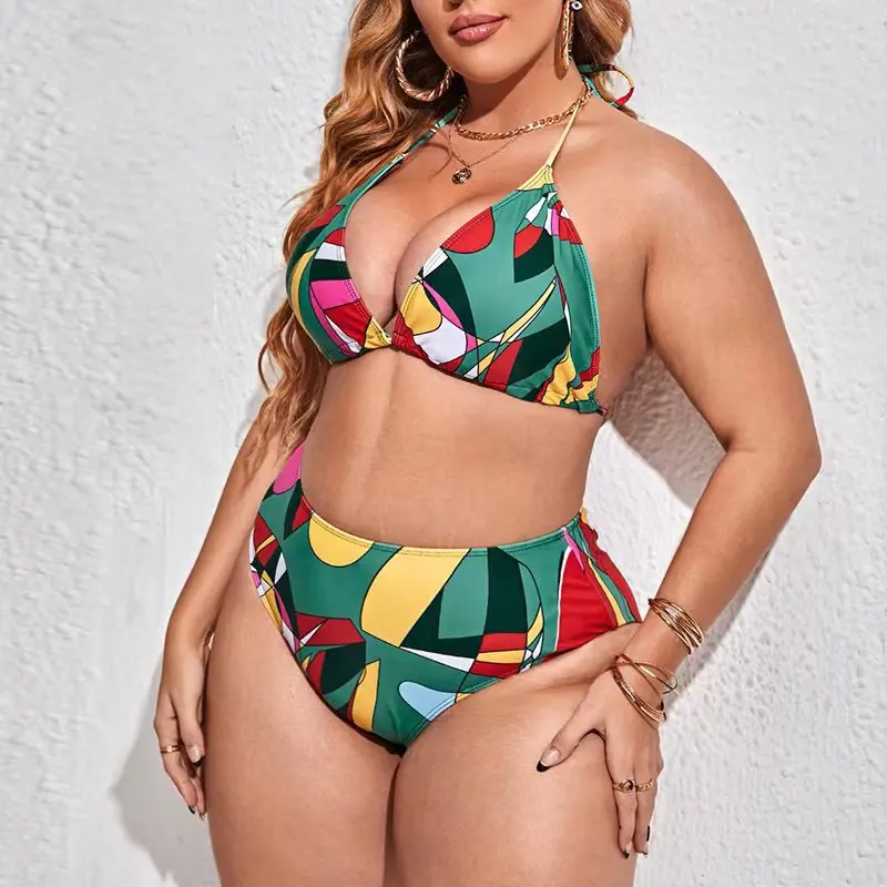 2026 New Plus Size 3 Piece Swimsuit Women Geometric Print V‑Neck Bikini Long Sleeve Mesh Cover Up Tummy Control Beach Swimwear