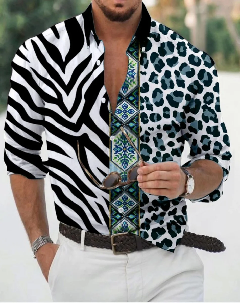 

Men's shirt with gold pattern print, white, black, red long sleeved lapel button up shirt, fashionable casual top, plus size