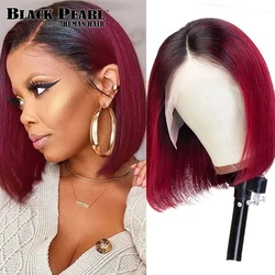 Ombre Burgundy Straight Short Bob Wig Side Part Lace Front Human Hair Wigs For Black Women Tanie kolorowe brazylijskie peruki z włosów