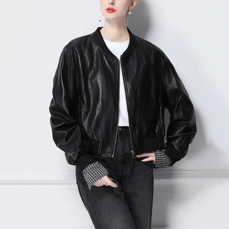 HKSH Frühling Herbst Neue Frauen Kurze Jacke PU Leder Stehkragen Zipper Manschette Plaid Streetwear Fashion Elegante Chic Mantel HK13450