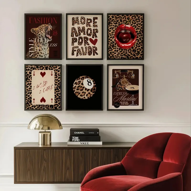 6pcs/Set Modern Leopard Print Theme Wall Art Canvas Poster Printed Materials Home Decor Bedrooms Living Rooms Kitchens Corridors