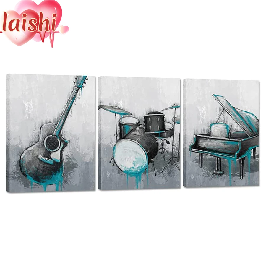 

3pcs DIY Guitar, piano, drum Diamond Painting Full Square round Diamond Embroidery Cross Stitch Mosaic Home Decoration Gift