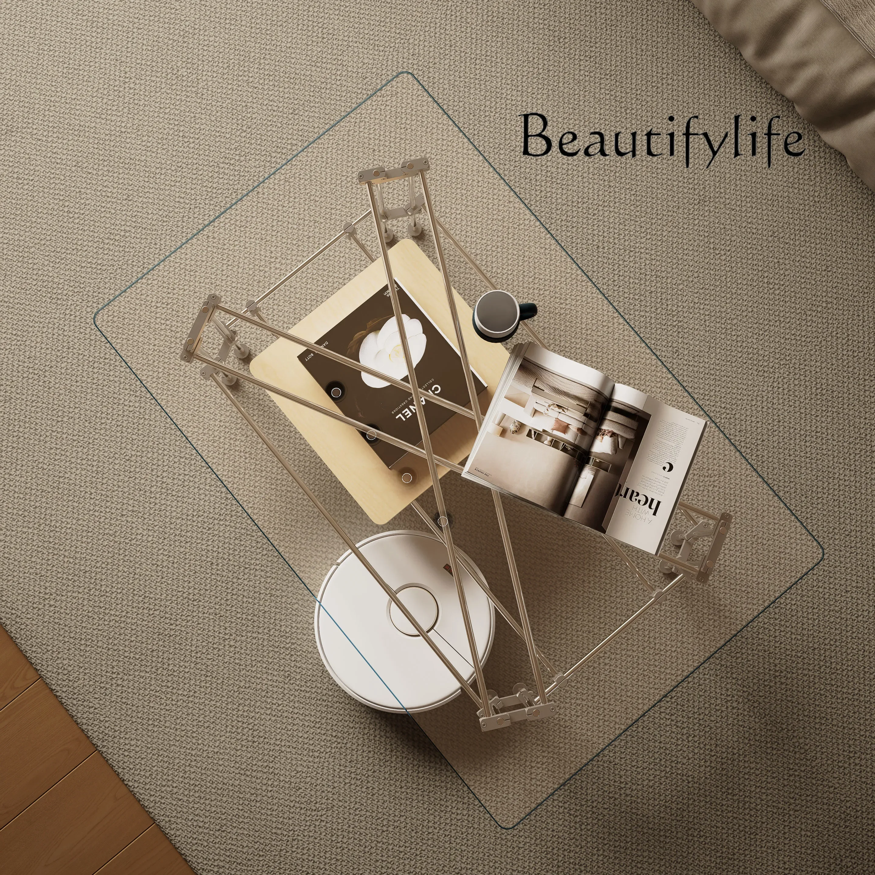 

Double-layer storage square coffee table designer original wooden slider stainless steel metal glass extremely simple table