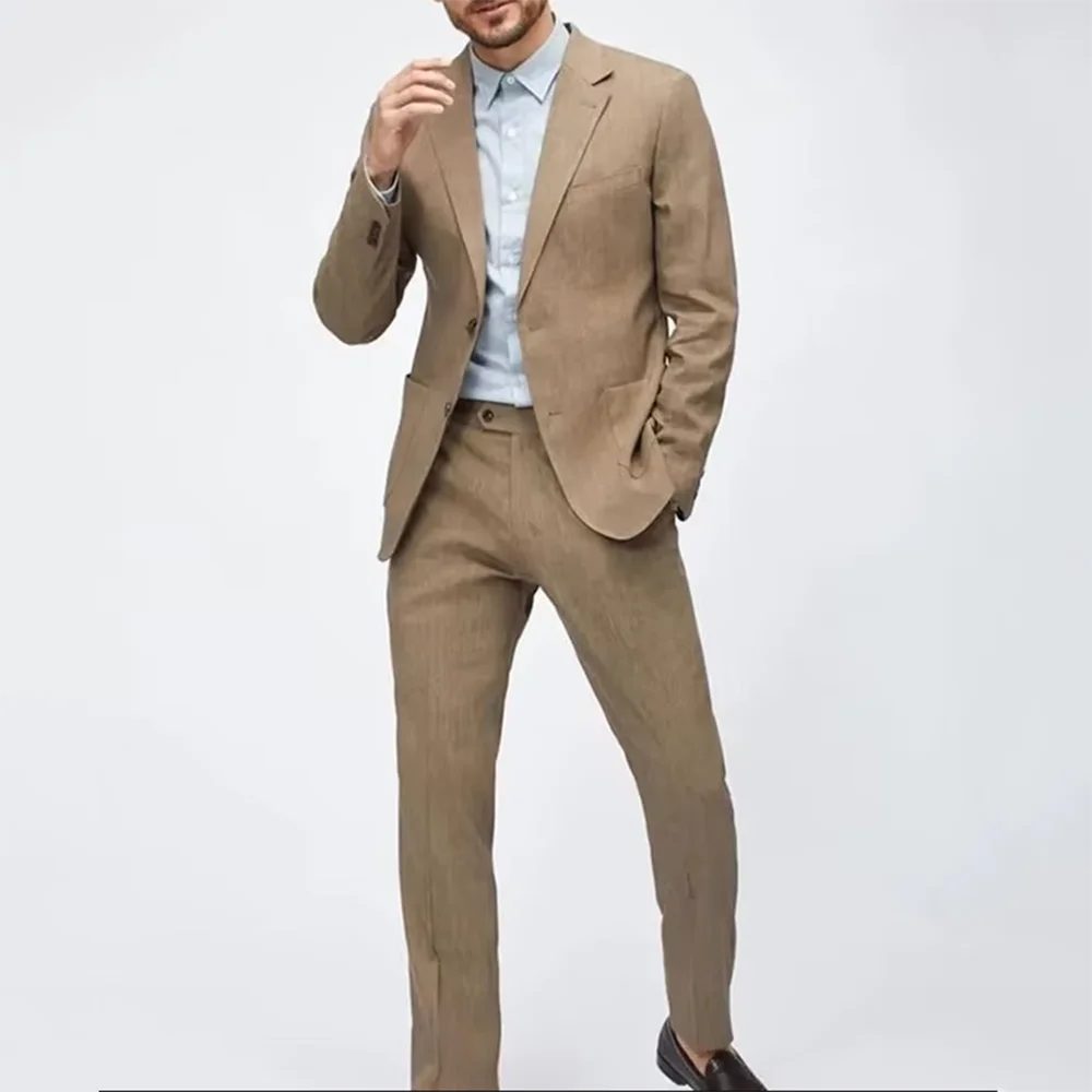 

Men's Suits Khaki Skinny Male Clothing Notch Lapel Single Breasted Slim Fit Elegant 2 Piece Jacket Pants Smart Casual Business