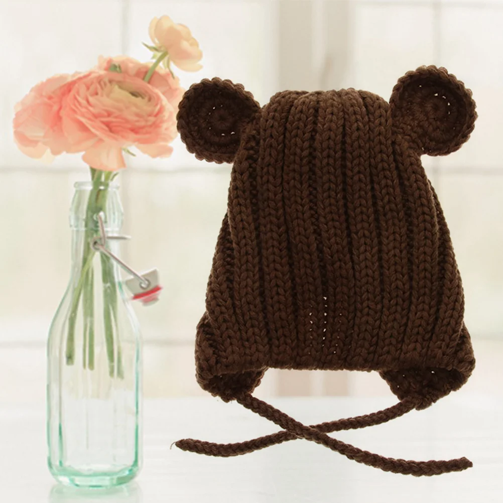 

Bear Ears Knitting Hat For Kids Warm Thick Woolen Baby Beanie Soft Earmuffs Cap Crochet Hat For Toddlers Winter Coffee