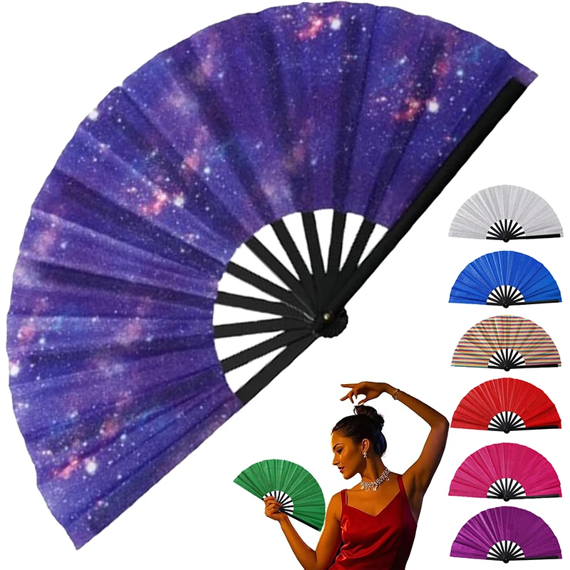 

New Bright Folding Fan Bright Color Rainbow Starry Sky In The Dark Festival Acting Hand Fans Women Girl Party Dancing Fan