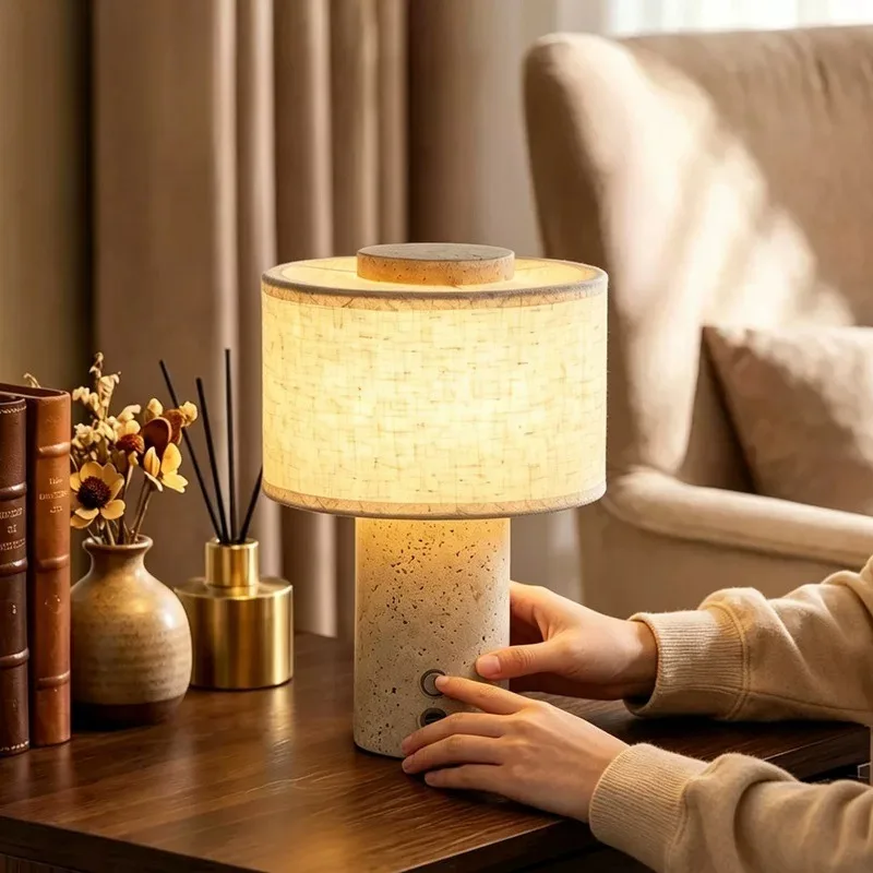 Modern Wabi Sabi Travertine Stone Table Lamp Rechargeable Cordless Bedside Night Light Ambient Lamp for Bedroom Living