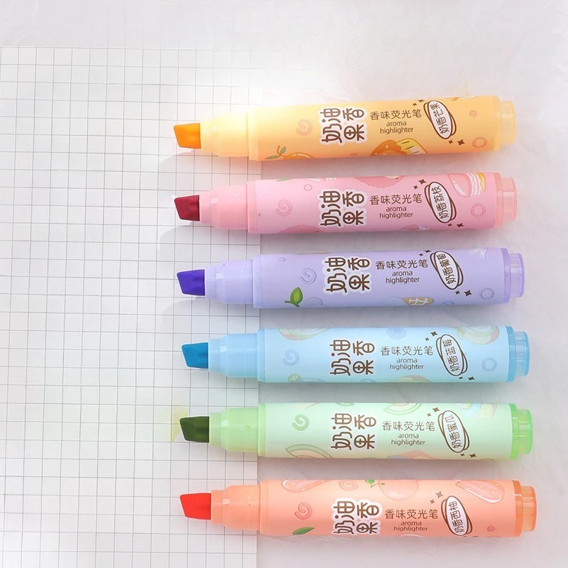 Fruity Highlighter Cream Scented Marker Non Toxic Student Focus Note Drawing Pen Six Color Colorful Scented Pens Glitter