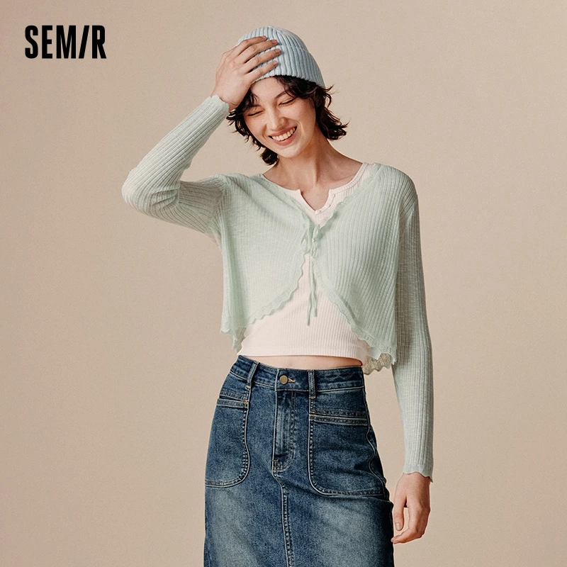 Semir Knit Cardigan Women Short Knit Cardigan Simple Sweet Style 2024 New Autumn V-Neck Slim Fit Top Fresh and Gentle