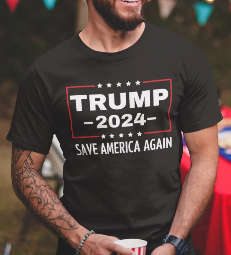 

Donald Trump Save America Again Funny Trump 2024 Political T-Shirt 100% Cotton O-Neck Summer Short Sleeve Casual Mens T-shirt