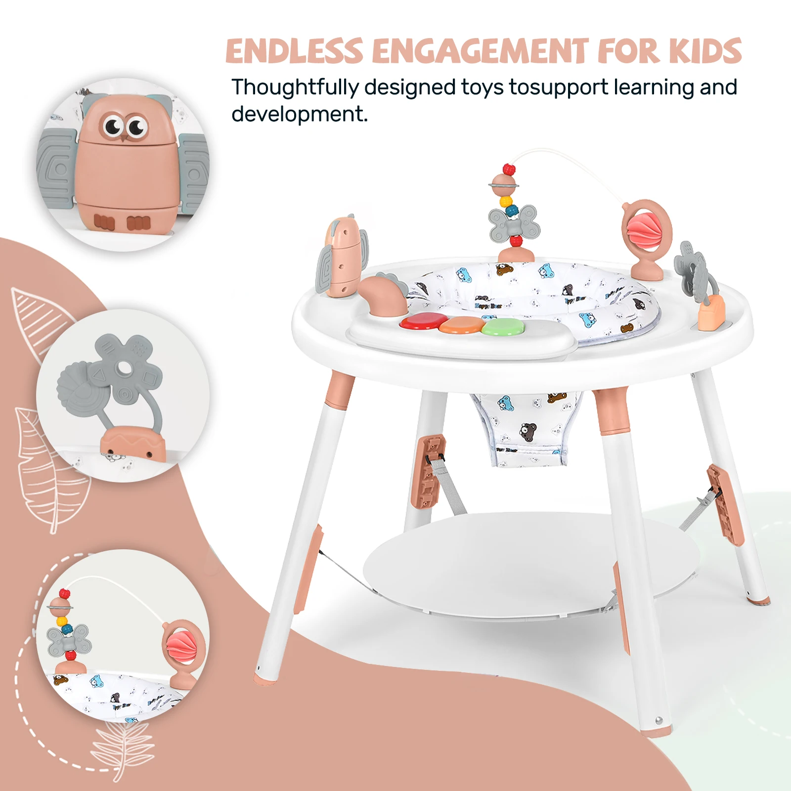 مركز لعب الأطفال متعدد الوظائف - مركز أنشطة 3 في 1 مع ألعاب قابلة للإزالة، 360 درجة ° المقعد وارتفاع قابل للتعديل (أزرق/وردي/أخضر) #3