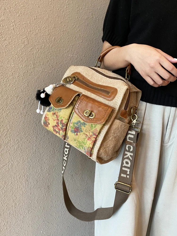 multi-functional leisure bag 2024 retro color matching printing with cowhide shoulder bag small backpack women