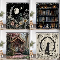 Witchcraft Magic Vintage Shower Curtain Wizard Hat Witch Magical Room Library Books Bookstack Retro Polyester Bath Curtain Cloth