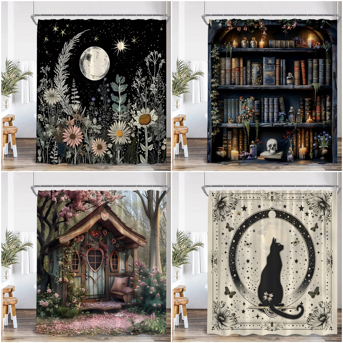 Witchcraft Magic Vintage Shower Curtain Wizard Hat Witch Magical Room Library Books Bookstack Retro Polyester Bath Curtain Cloth