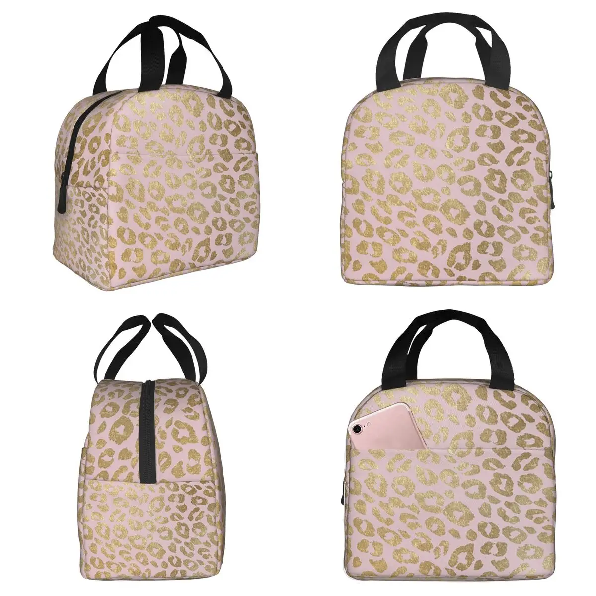 

Термосумка для обедов с леопардовым принтом цвета розового золота для детей, школьный термоконтейнер для еды, портативный ланч-бокс