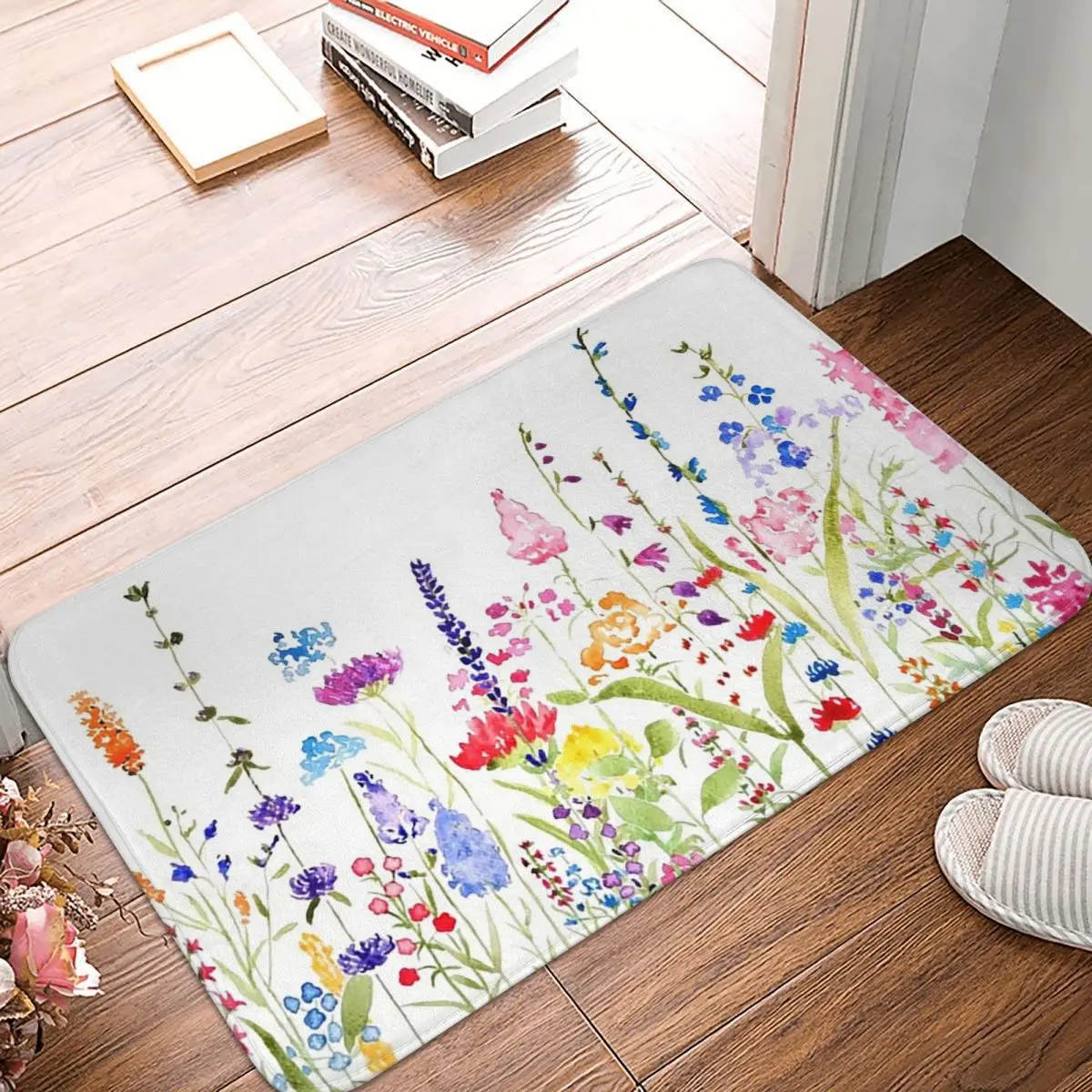 Hand Painted Colorful Wild Flower Field Non-slip Doormat Floor Mat Carpet Rug for Kitchen Bathroom Living room Footpad Mats