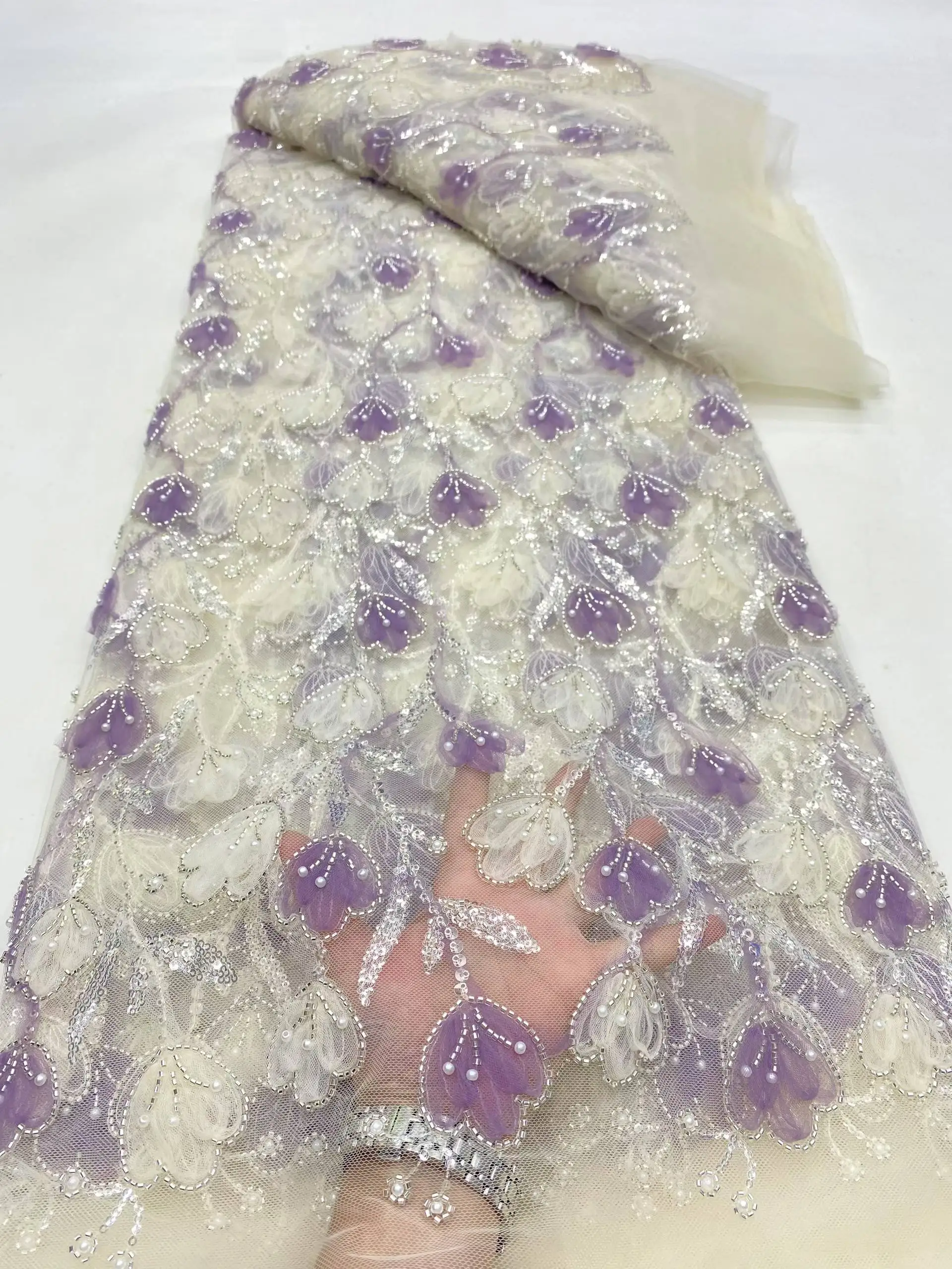 Tela de encaje africano con cuentas azules y flores 3D, tela de encaje francés con cuentas de tubo bordado de lentejuelas de lujo para boda, 2023