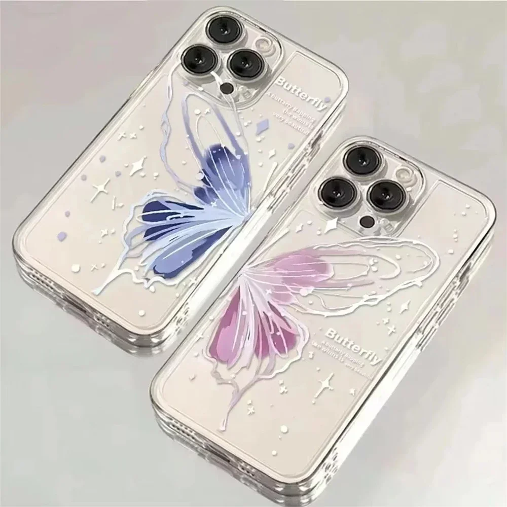 Pink Butterfly Clear Matching Case for iPhone 15 16 14 Plus 11 12 13 Pro Max XR Ultra Thin Soft Silicone Cover for Couple Bestie