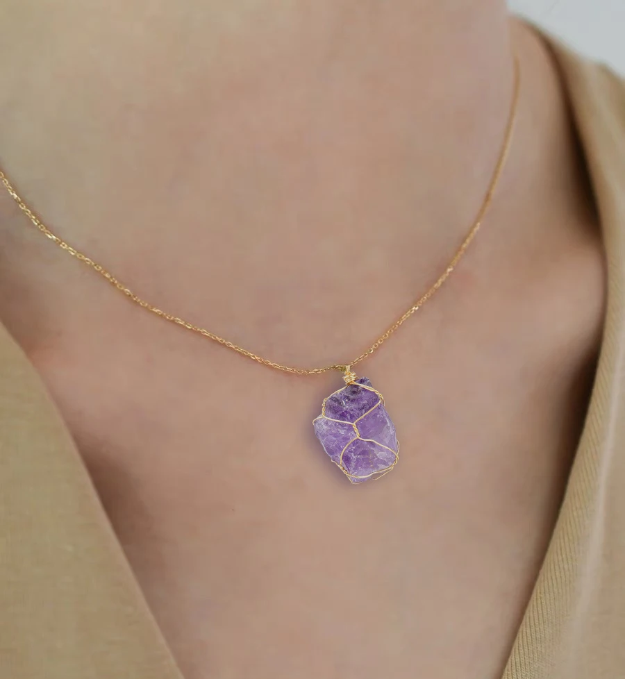 

Irregular Natural Crystal Raw Stone Pendant Hand-Wound Wire Stone Necklace