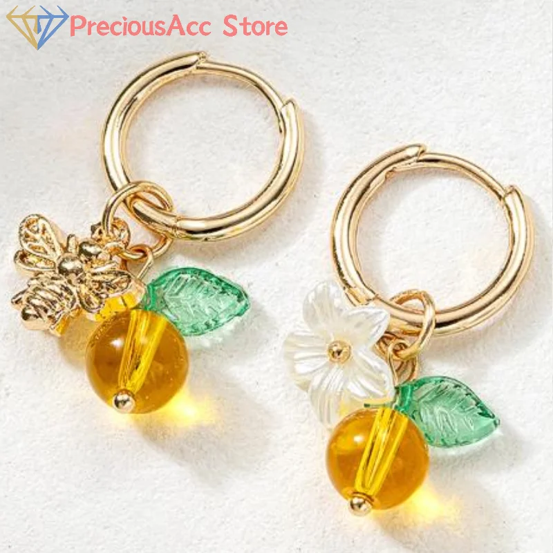 1 par de pendientes de aro de abeja y miel de fruta naranja para mujer a la moda, hebilla para oreja adecuada para usar regalos de joyería
