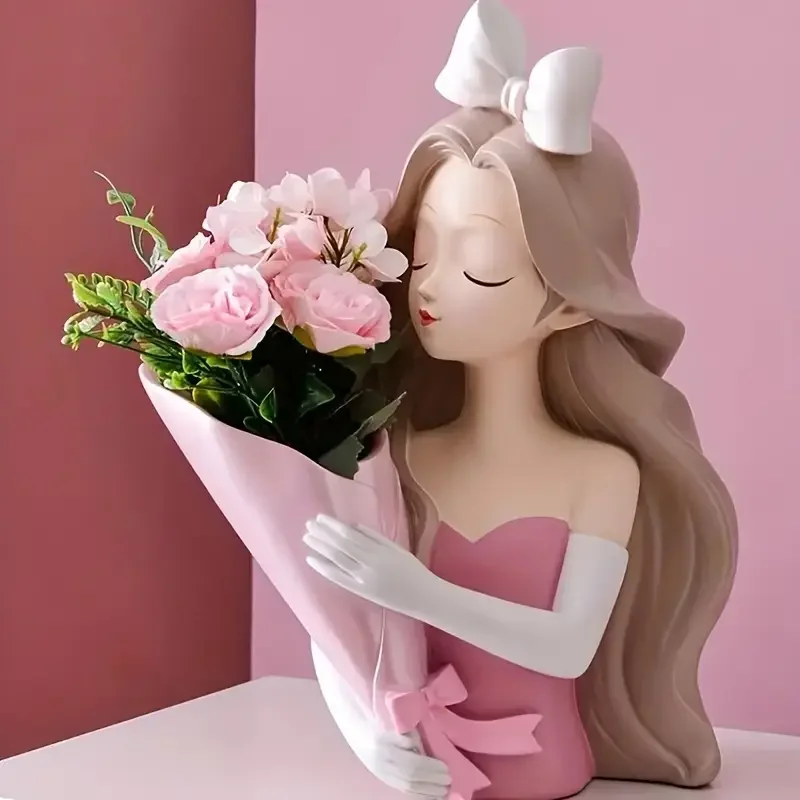 

1Pc Bowknot Potted Flower Pot Silicone Mold Drop Glue DIY Woman Portrait Holding Flower Resin Ornament Plaster Mold