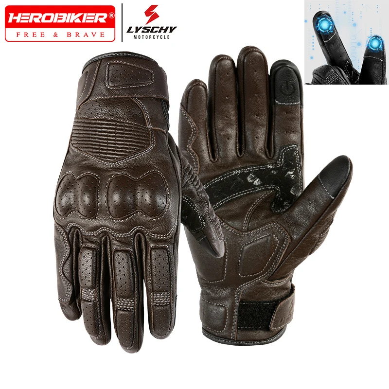 

LYSCHY Real Leather Motorcycle Gloves Breathable Full Finger Motorbike Racing Riding Glove Touch Screen Retro Motocross Gloves