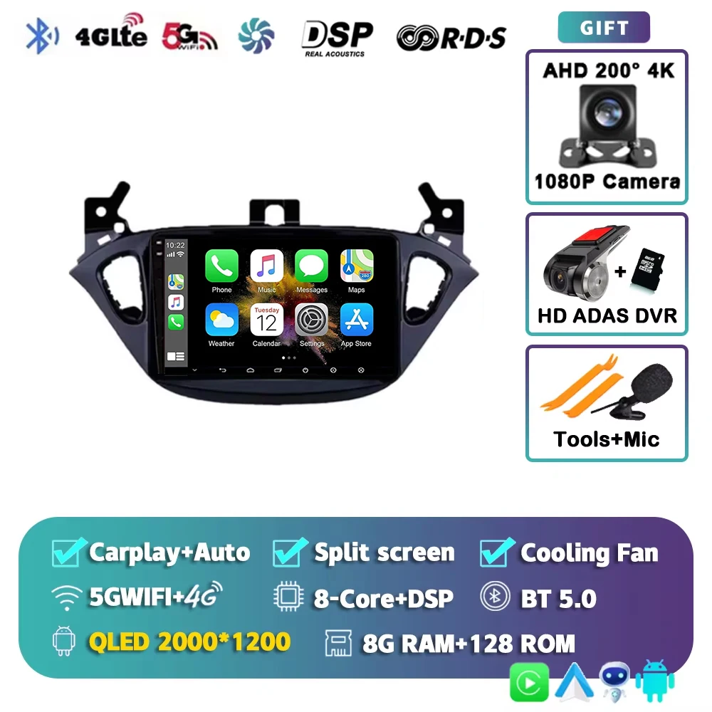 Android 16 voor Opel Corsa E 2014 - 2019 Adam 2013-2016 2K QLED Stereo autoradio multimediaspeler GPS AI spraakbesturing CarPlay 4G