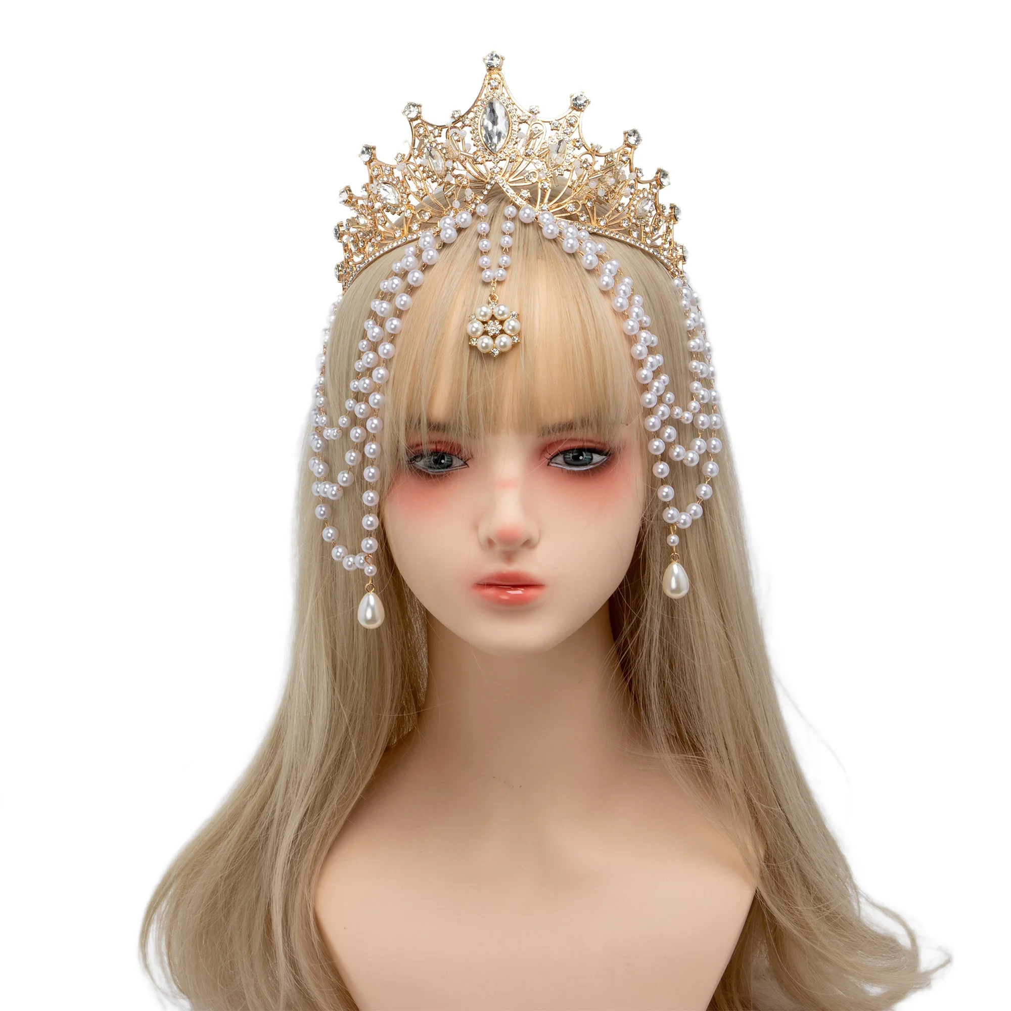 Handmade Lolita Multilayer Pearl Tassels Crown Sun Goddess Virgin Mary Hair Accessory Gorgeous Wedding Princess Bride Headdress