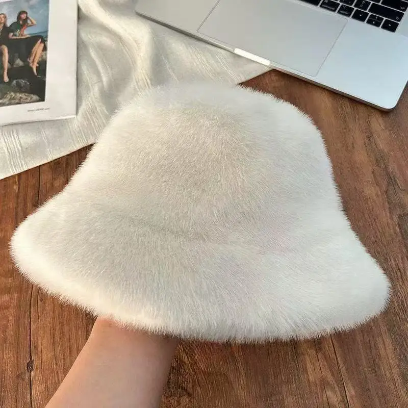 Winter Plush Fisherman's Hat Imitation Fur Sable Hair Hat Women's Solid Color Thickened Simple Warm Pot Hat Gorros 4m693 4