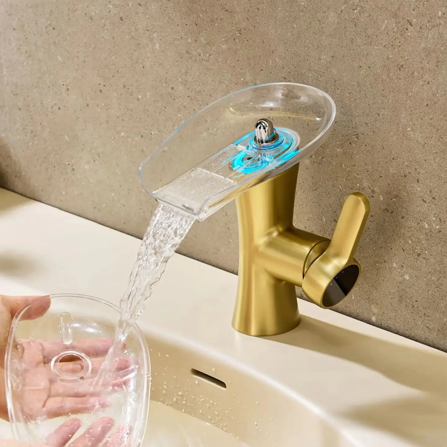 Waterfall Basin Faucet Transparent Spout Single Handle Bathroom Sink Mixer Tap, Large Stock, Fast Shipment
