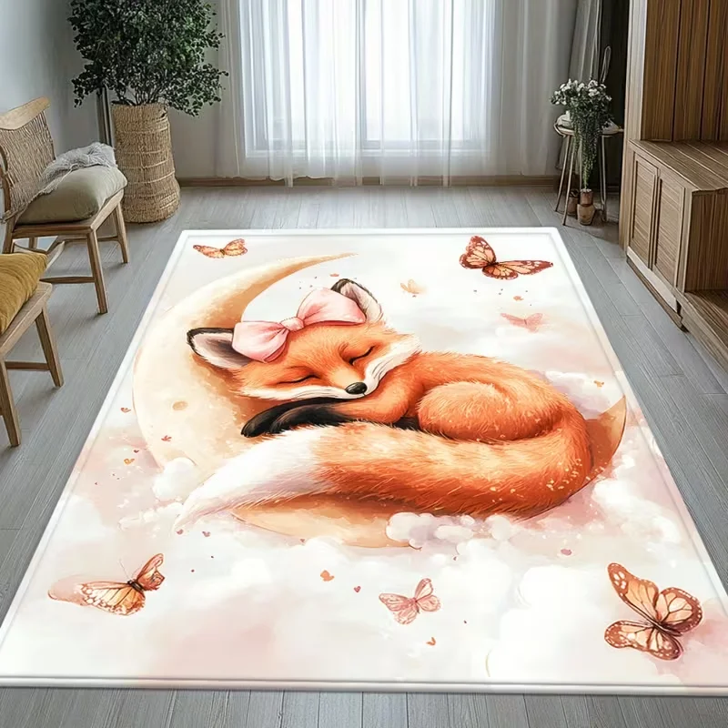 Fuchs-Cartoon-Teppich Kinderzimmer Niedlicher Rosa Schleifen-Teppich Baby-Spielmatte Innen- und Außenteppich Weicher Komfortabler Sicherer Kinder-Dekor