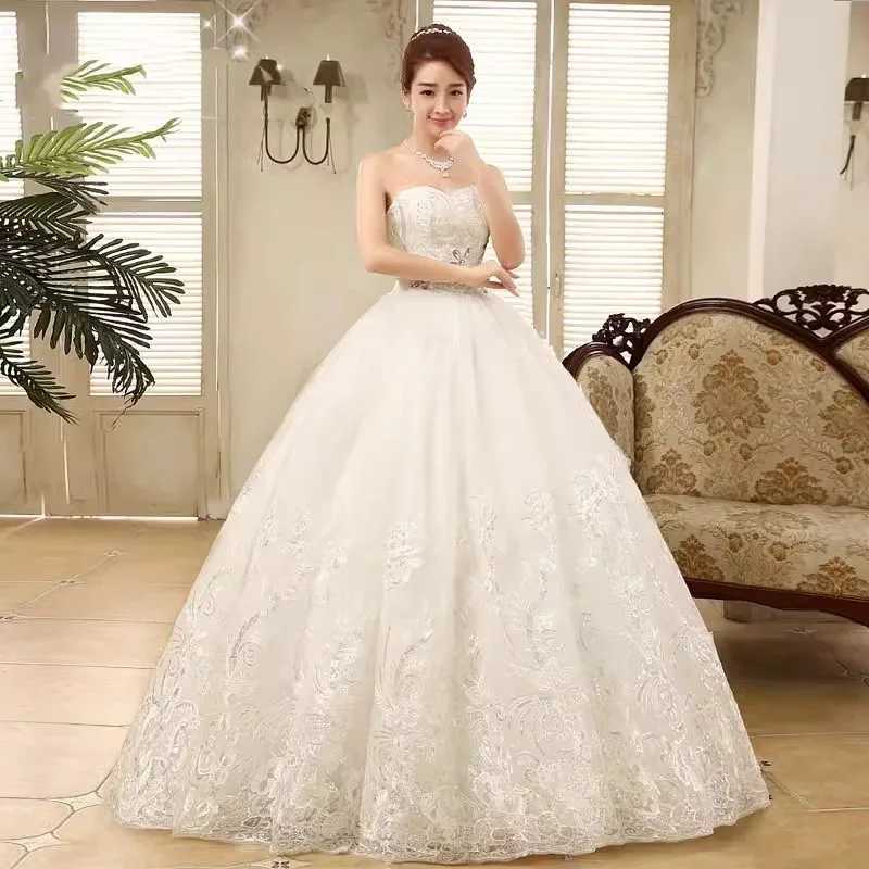 Cheap Wedding Dress White Sequin Bling Embrodiery Strapless Lace up princess Floor-length Plus size Simple Women Ball Gown XN027