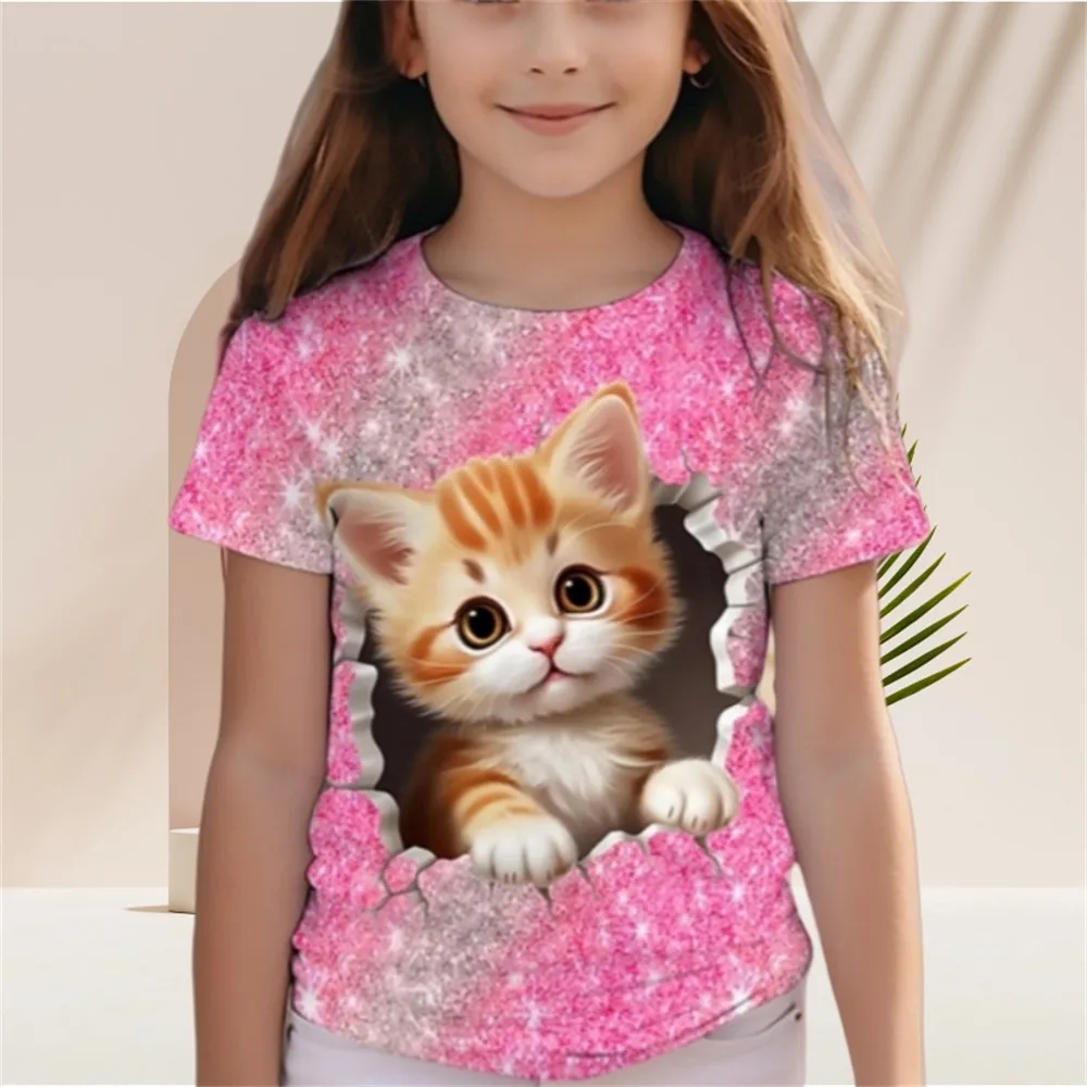 Kids Girls\' T Shirt Gradient Sequins Kawaii Cat Short Sleeve O-Neck Pajamas for Children Clothes Girls from 2 to 7 Years Tee Top