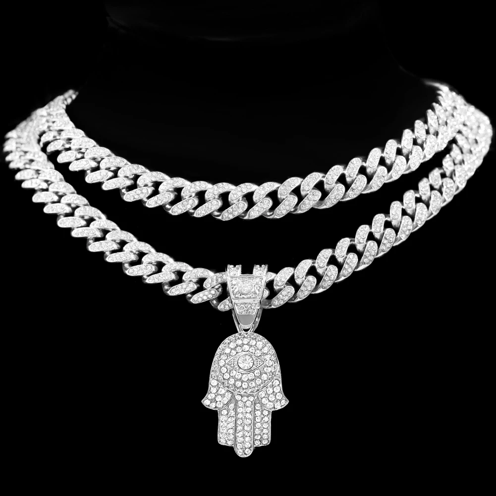 Bling Crystal Evil Eye Hamsa Pendant Necklace Men Women HipHop Iced Out Chain Cuban Link Necklace CZ Stainless Steel Jewelry