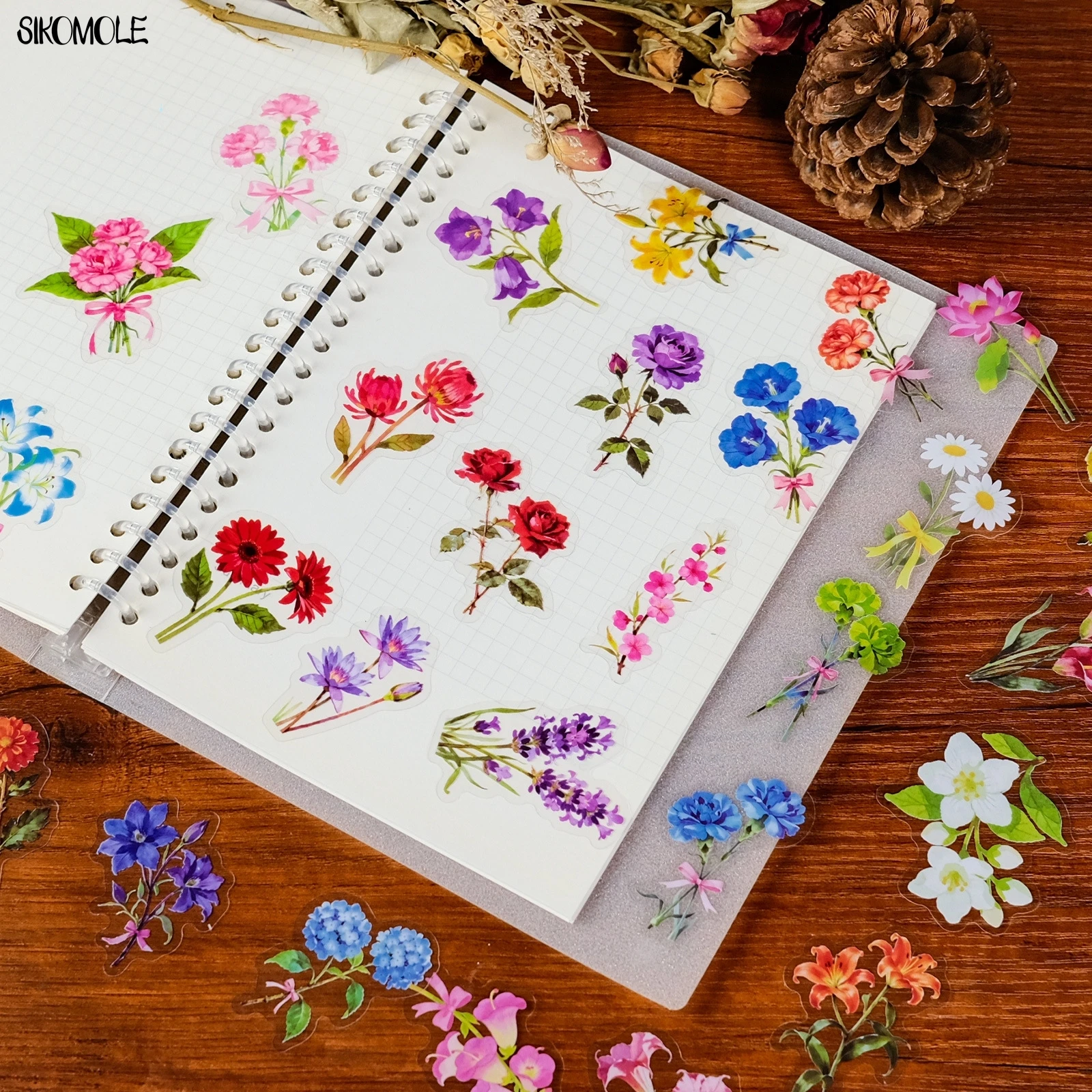56pcs Transparent Cartoon Colorful Flower Graffiti Stickers Pack Waterproof PET Bookkeeping Material Decorative Notebook Sticker