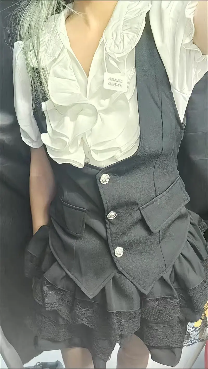 

Элегантный женский комплект из трех предметов в готическом стиле в стиле преппи, черный жилет + шикарная блузка + юбка с высокой талией, женские шикарные корейские модные наряды