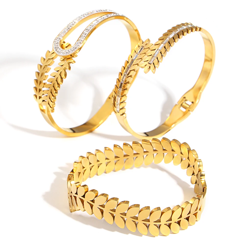 

Freetry Vintage Gold Color Stainless Steel Leaf Bracelet for Women Waterproof Irregular Hollow Out Spring Bangle Luxury Jewelry
