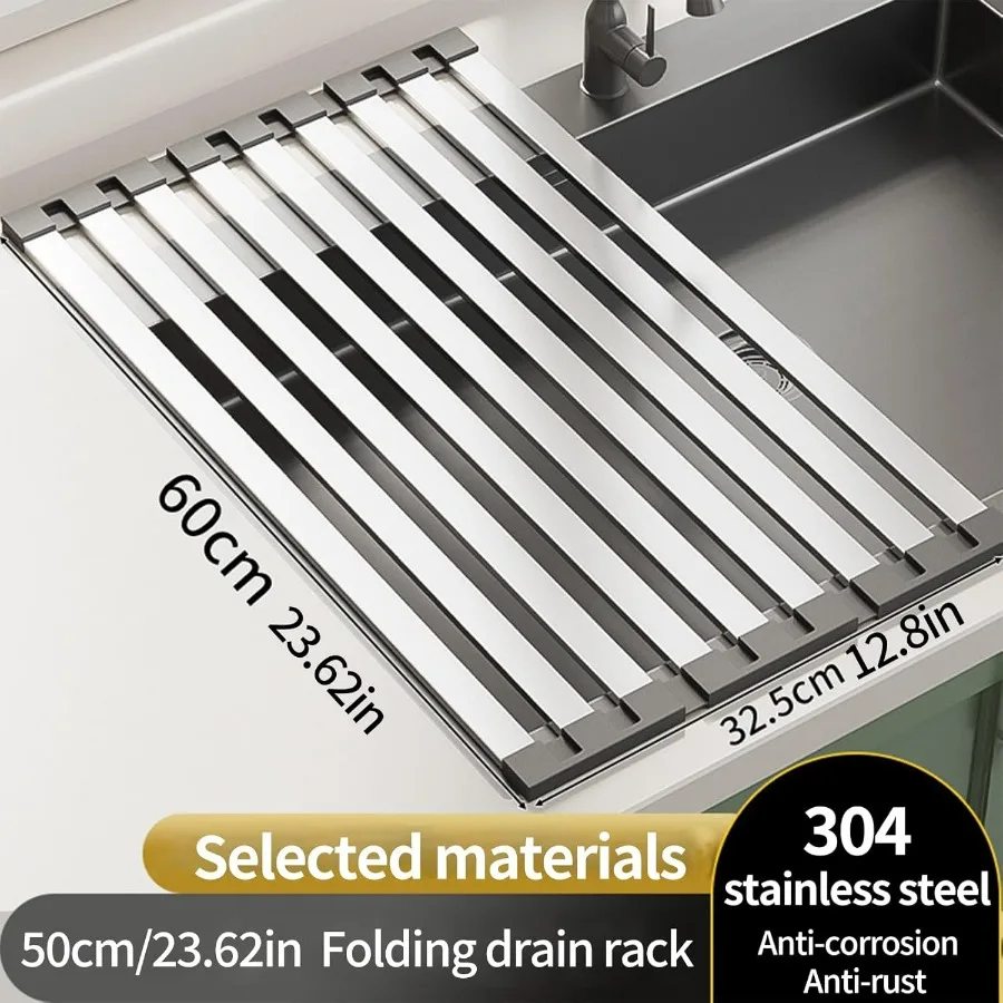 رف تجفيف الأطباق القابل للطي فوق الحوض لطاولة المطبخ من الفولاذ المقاوم للصدأ بساط تجفيف الأطباق متعدد الوظائف مع توفير المساحة #2