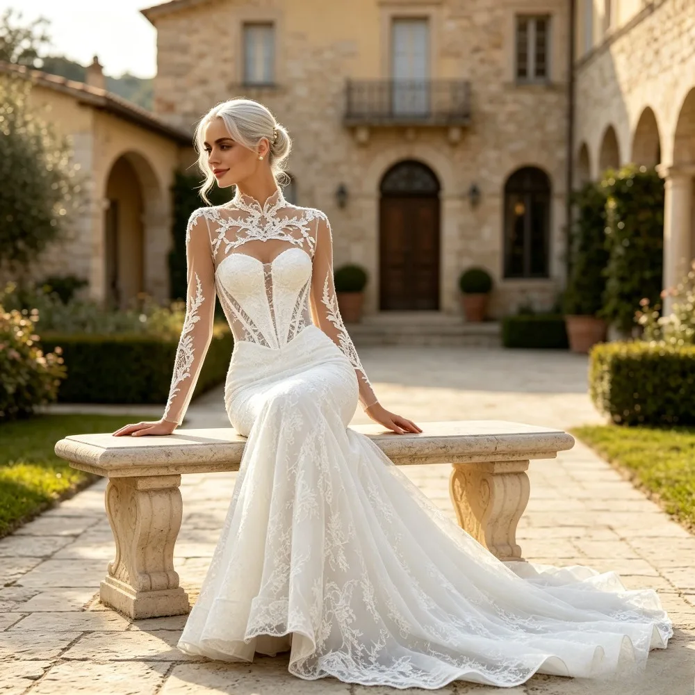 Customized High Neck Sheer Long Sleeves Full Lace Mermaid Wedding Dress Floral Appliques Elegant Fitted Long Train Bridal Gown