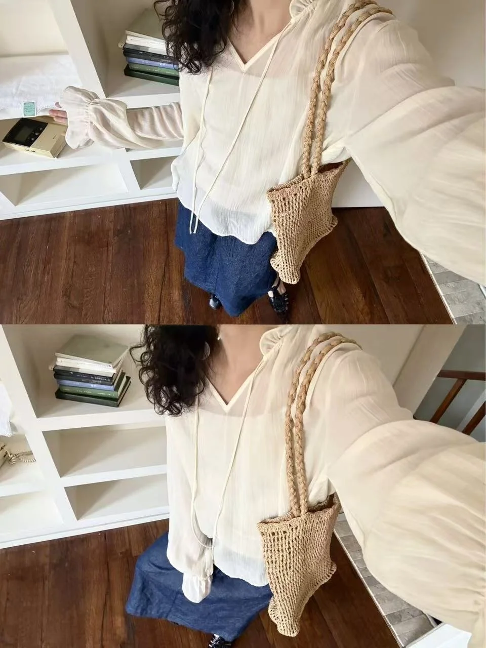 

Wild Pear Tree underneath Ruffle Petal Collar Half Transparent Long Sleeve Shirt Casual Loose Fit Lantern Sleeve Breathable S...