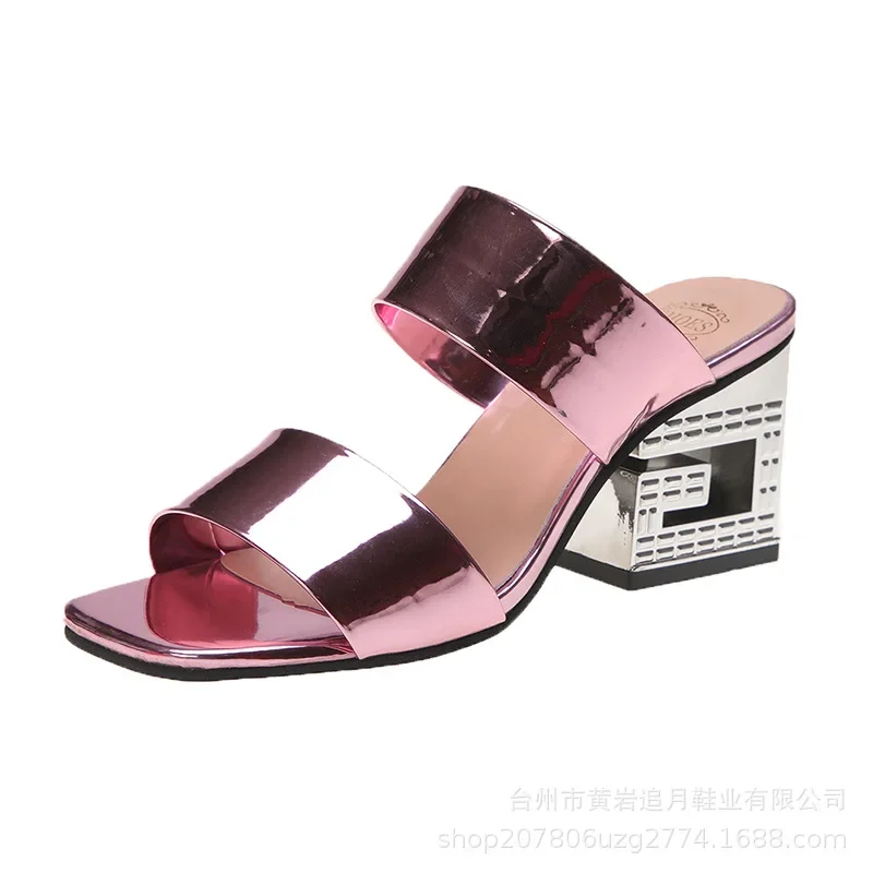 Women Fashion Patent Leather Sandals 2024 Summer Thick High Heels Slippers Woman Outdoor Solid Color Slip on Beach Flip Flops