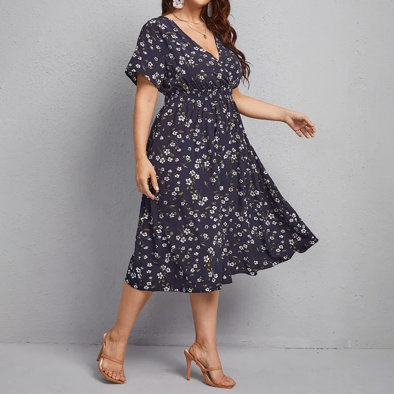 فستان نسائي مقاس كبير، فستان على شكل حرف A بخصر مطبوع عليه زهور، رقبة على شكل حرف V وأكمام قصيرة، الخيار الأول لقضاء العطلات والصيف غير الرسمي