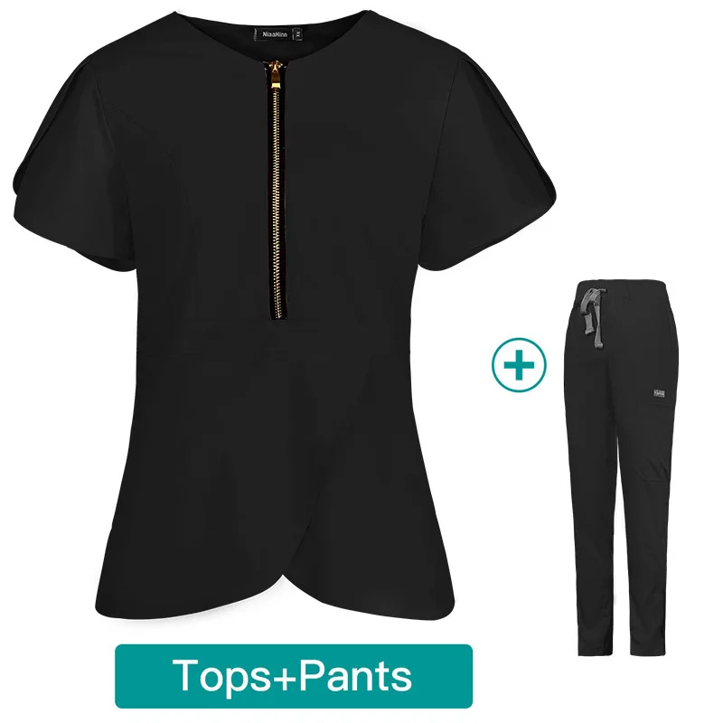 Uniforme de enfermera ajustado para mujer, ropa de mano elástica de trabajo profesional de manga corta con cuello en V, abertura de verano de alta calidad
