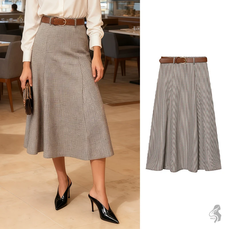 レトロな千鳥格子柄ロングスカート、ベルト付き、ハイウエスト、Aラインスカート、優しくエレガントなスタイル、秋冬レディースファッションアイテム