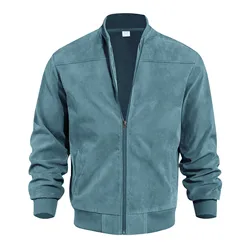Men'S Fashion Suede Solid Color Zipper Jacket Casual Vintage Long Sleeve Cardigan