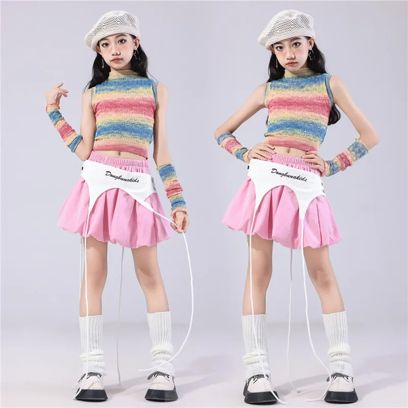 طفل ملابس رقص الجاز Kpop فتاة قبضة عرض مسرحي الزي الملونة التدرج تانك القمم الوردي تنورة المنصة أداء البدلة VBH1938