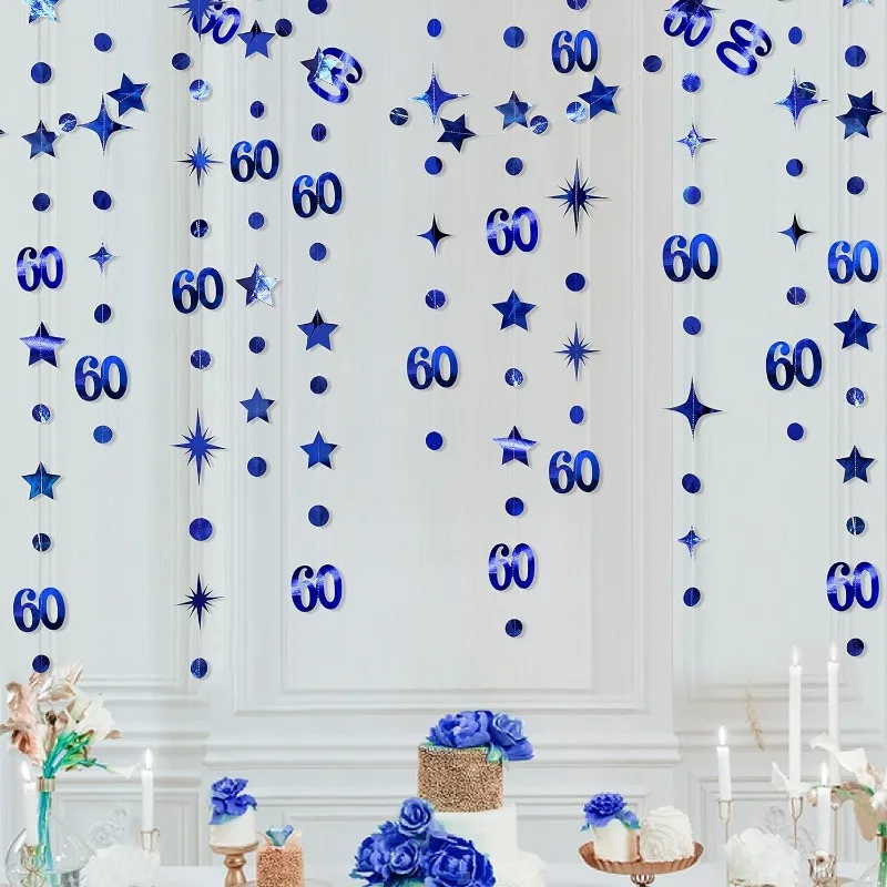 

Navy Blue 60th Birthday Decor Number 60 Circle Dot Twinkle Star Garland Hanging Streamer Backdrop for Birthday Party Decorations