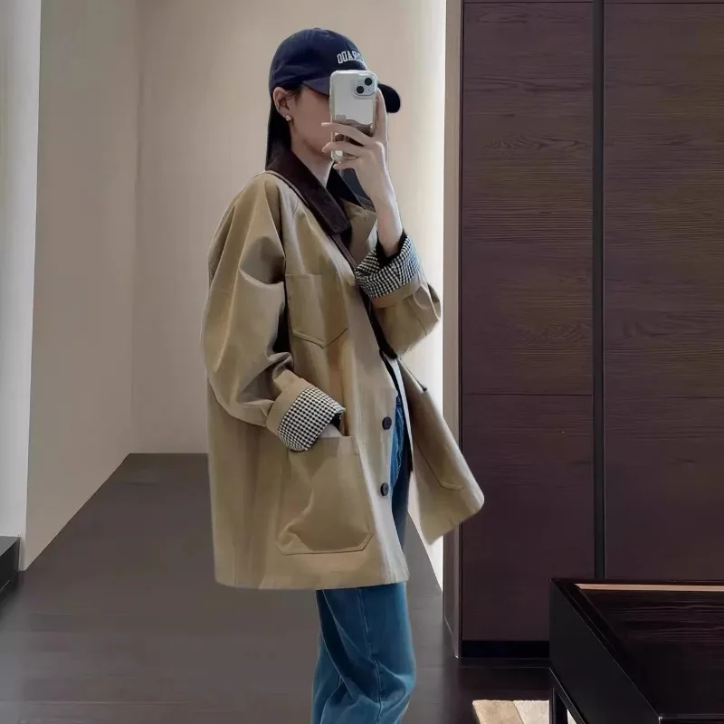 

Women's Color Block Patchwork Trench Coat Oversized Houndstooth Cuff Jacket